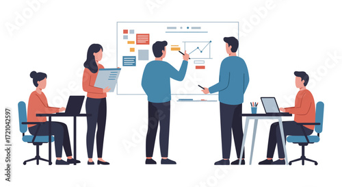 business meeting team brainstorms data-driven strategy on a whiteboard collaborating to boost company growth and enhance corporate performance metrics