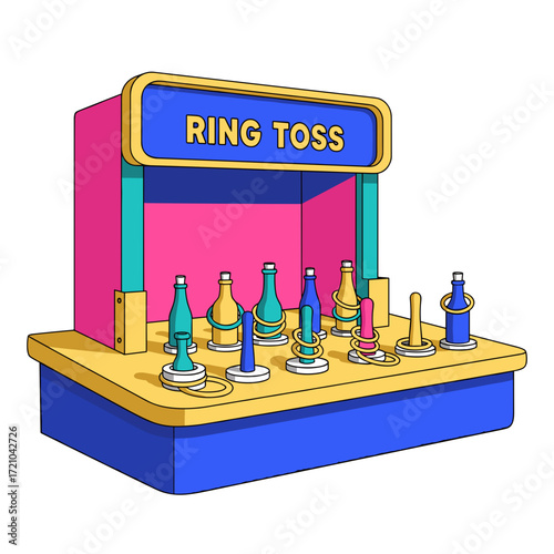 Vibrant cartoon illustration of a colorful ring toss carnival game booth with bottle targets.
