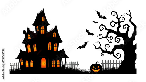 Spooky Mansion Silhouette: A chilling silhouette of a haunted mansion looms in the eerie night, complemented by a gnarled tree, a carved jack-o'-lantern, and bats, perfect for Halloween. 