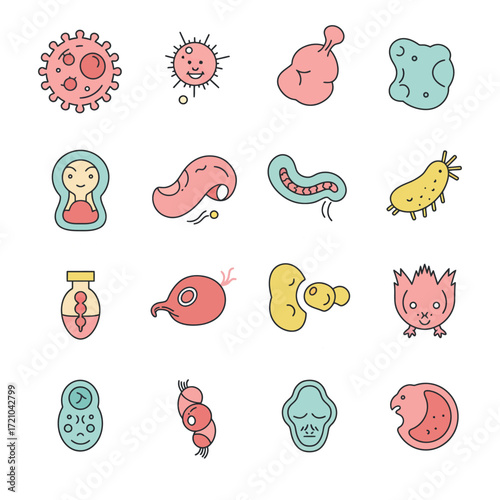 microbes icons depicting various germs and microorganisms for educational use illustrating bacteriology and microscopic life in a vector design
