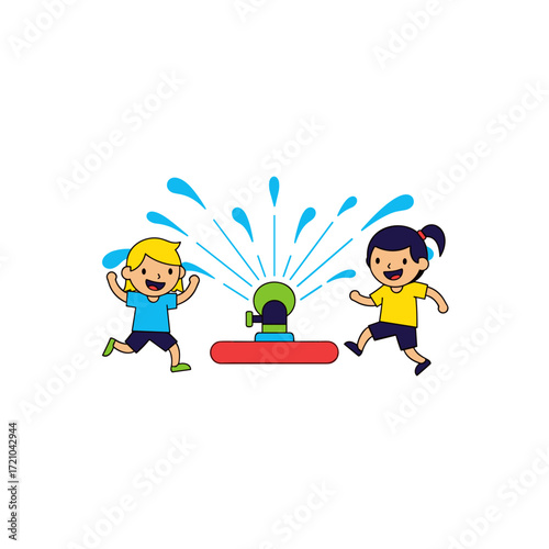 Happy cartoon children a boy and a girl joyfully running and playing in a spraying water sprinkler.