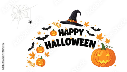 Happy Halloween Illustration: A vibrant Halloween illustration features a witch's hat, grinning pumpkins, playful bats, a spider web, and fall leaves, all arranged to spell Happy Halloween.