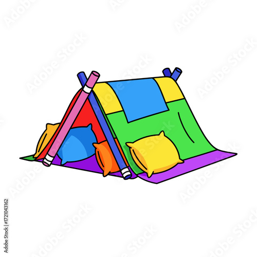 Cheerful Cartoon Play Tent with Rainbow Fabric and Assorted Pillows.