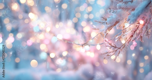 Winter Snow Scene With Christmas Lights Bokeh