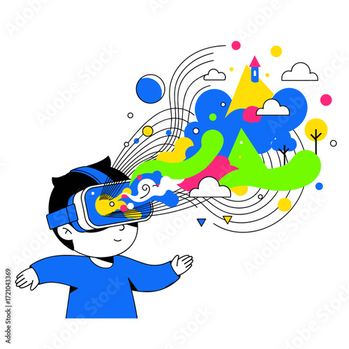 Cartoon Boy Wearing VR Headset Experiencing Colorful Abstract Virtual Reality World.