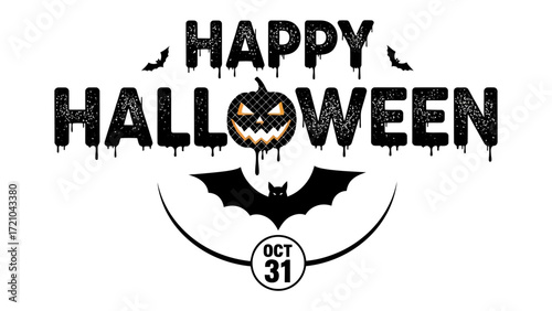 Spooktacular Halloween Greeting: The iconic phrase Happy Halloween boldly displayed, accented by a grinning jack-o'-lantern, a flying bat, and the date of the spooky day.