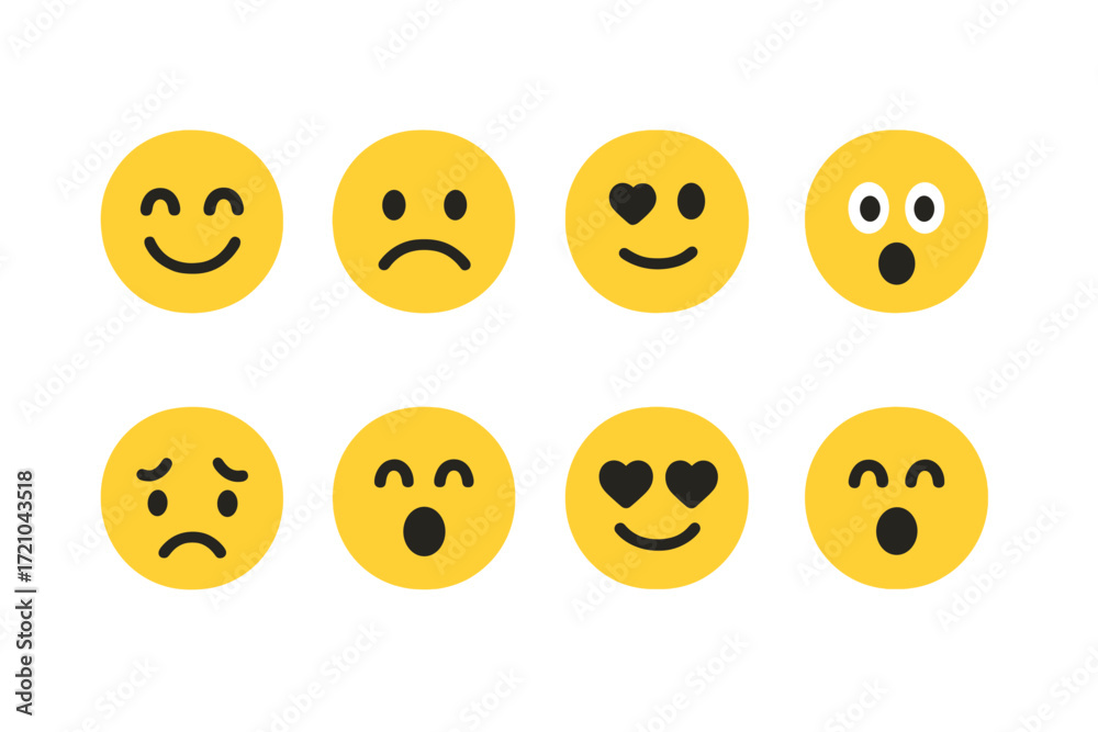 Fototapeta premium Set of glowing emoji faces: expressive yellow emoticons with diverse emotions