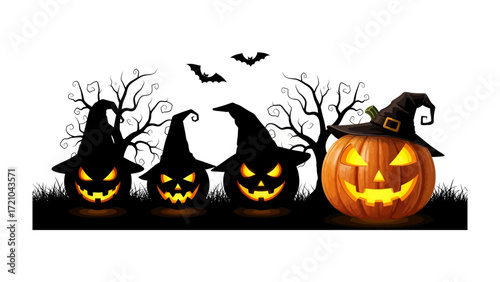 Spooky Pumpkins: Spooky scene of a glowing pumpkin with witch hat and spooky faces on Halloween night against a dramatic background.