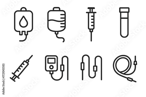 Medical icons set: syringe, test tube, iv drip, blood bag - modern linear design