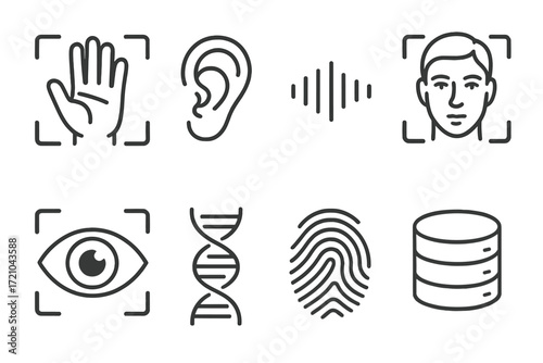 Biometric technology icons in linear style: fingerprint, dna, eye, ear, face recognition