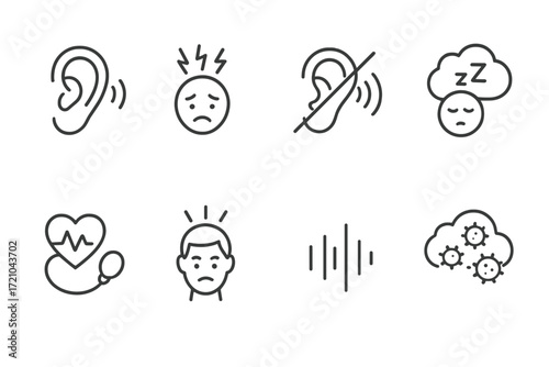 Monochrome line icons of ear health: sound, hearing, and wellness symbols