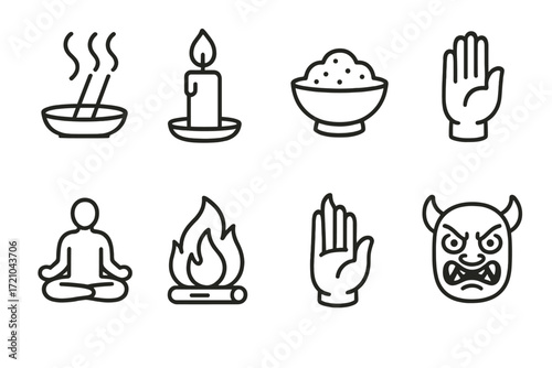 Minimalistic icons of spiritual and ritual symbols in monochrome linear style