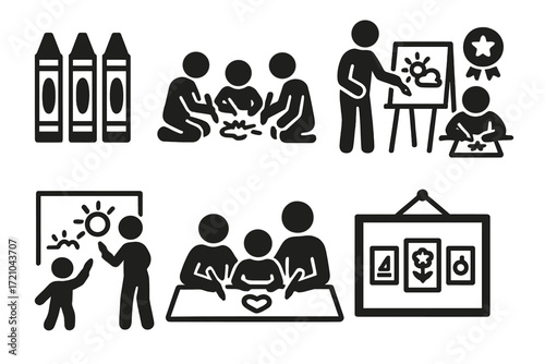 Creative art activities for children: silhouette icons of kids painting and drawing