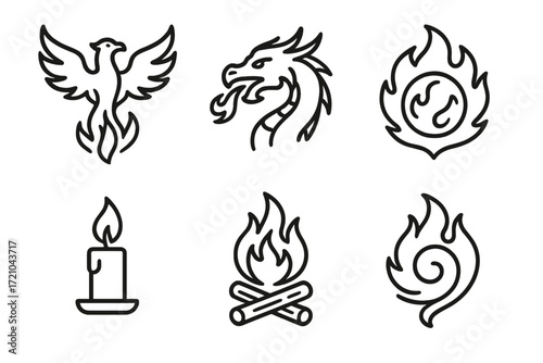 Mystic fire icons set featuring phoenix, dragon, and flame symbols in dark background