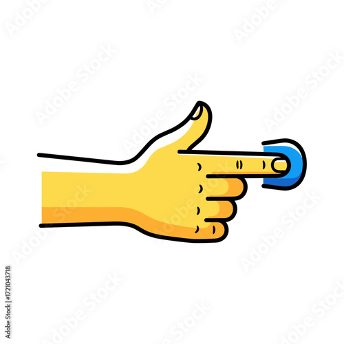 Yellow cartoon hand pressing a blue button with index finger.
