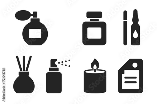 Elegant silhouette icons of perfume and aromatherapy products on dark background