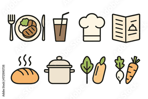 Culinary icons: colorful outlined cooking and food elements for menus and kitchens