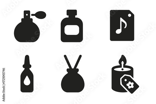 Silhouette icons of perfume bottles and candles on distorted background