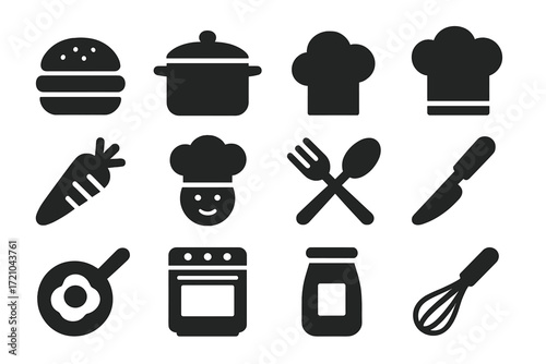 Kitchen icons: minimalist cooking set with dark background