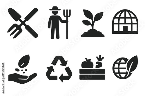 Monochrome farming and sustainability icons set on dark background