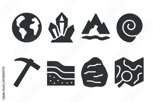Geology icons set: granite metallurgy tools and mineral silhouettes on dark background