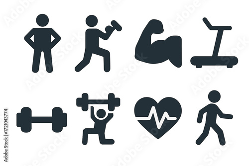 Fitness icons featuring workout and health symbols on a dark background