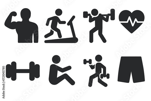 Silhouette icons of fitness and workout activities on a dark background