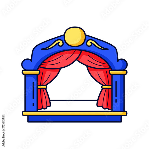 Cartoonish Blue Puppet Stage with Red Curtains.