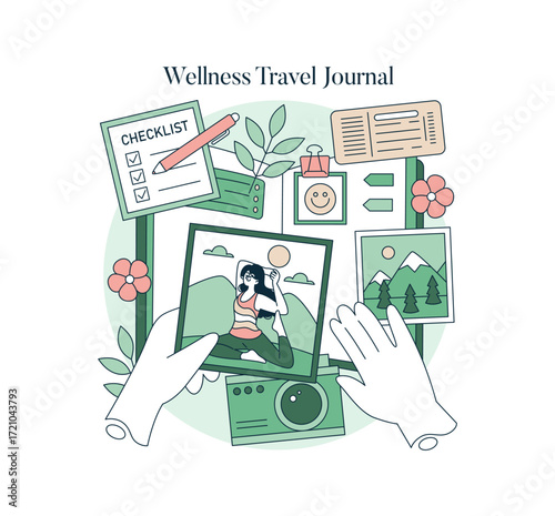 Wellness Travel Journal Vector with Photos and Checklist