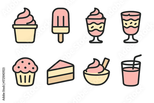 Cute linear dessert icons: ice cream, cupcake, cake slice, and more