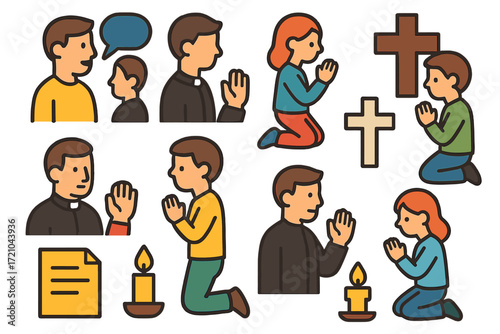 Colorful outlined scenes of prayer and conversation in a religious context