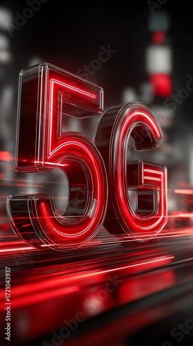 Bright neon 5G sign in a city.