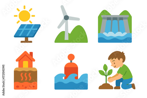 Sustainable energy and environmental conservation icons in modern design