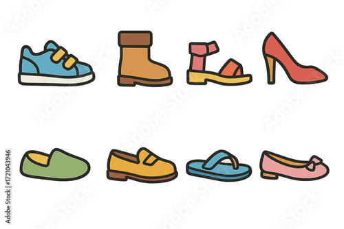 Colorful outline of various footwear styles on dark background