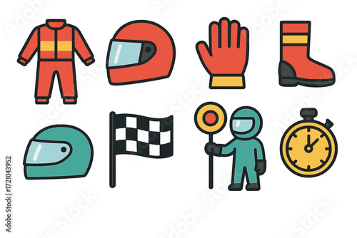 Racing gear icons set featuring helmet, suit, gloves, and more