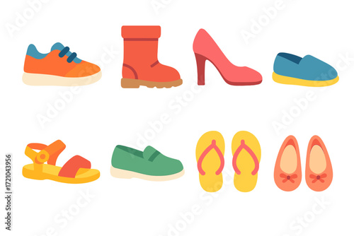 Colorful neon glowing shoe collection with diverse footwear styles