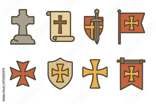 Medieval icons set: crosses, shields, banners, and scrolls in linear style