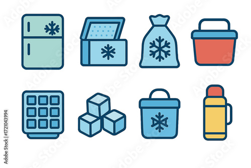 Cooler and freezer icons: essential frozen and chilled storage symbols in a modern style