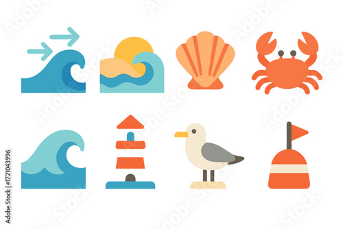 Glow effect sea icons highlighting waves, shells, and marine life