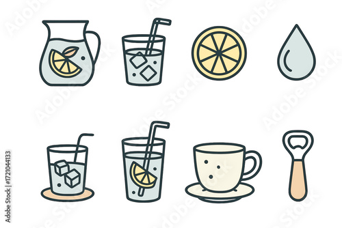 Flat hand-drawn style lemonade and beverage icons with pitcher, glasses, and citrus elements