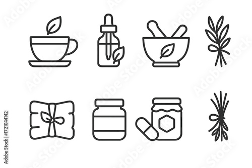Black linear icons of herbal remedies and natural wellness elements