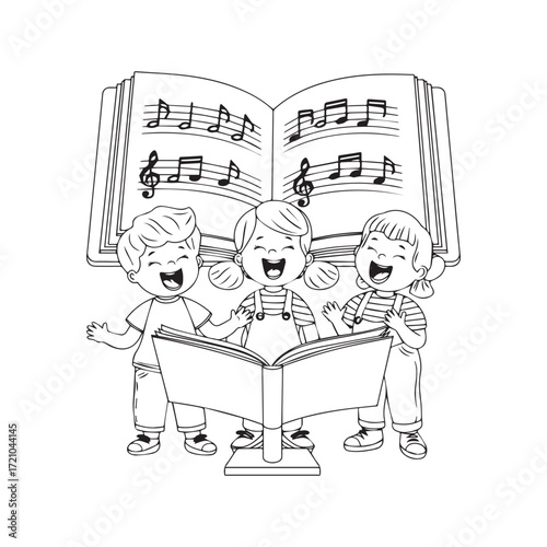  Three Happy Children Singing Joyfully with Open Songbook and Musical Note Line Art. 