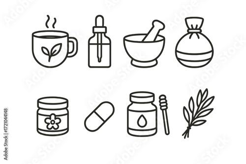 Herbal remedy icons: linear designs for natural wellness and healing products