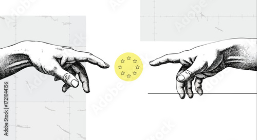Iconic hands reaching towards a vibrant yellow circle with European stars symbolizing unity and connection in modern design