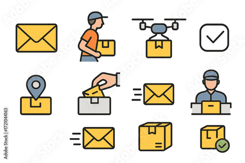 Delivery and shipping icons featuring mail, packages, and drones