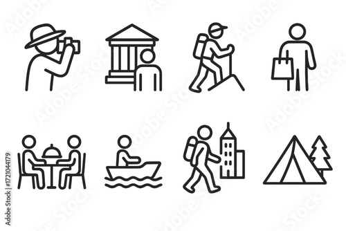 Minimalist dark outline icons for travel and recreation activities
