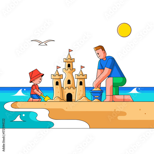 A father and his young son in a flat graphic style building a sandcastle with towers and flags.