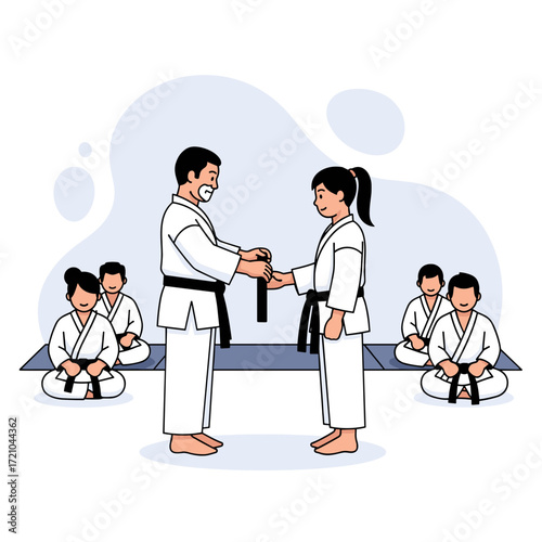 Karate Students Receiving Black Belts from Instructor.