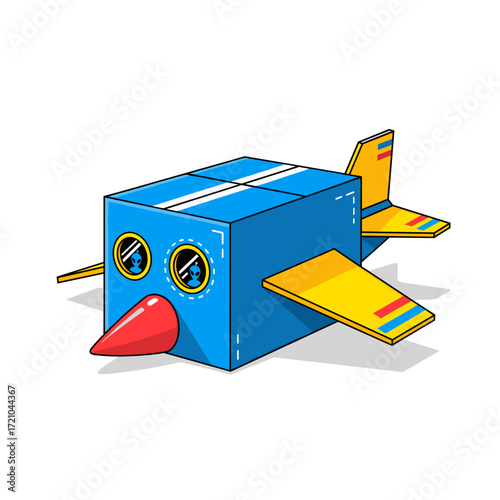 Cartoon Cuboid Airplane with Alien Passengers Red Nose Yellow Wings.