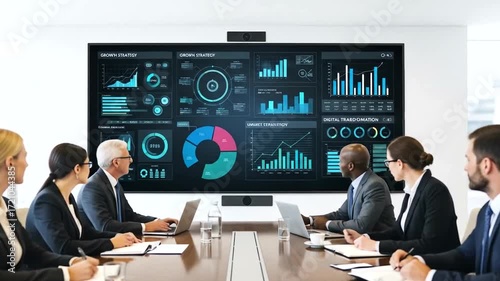 Professional business team meeting with financial dashboard presentation analysis